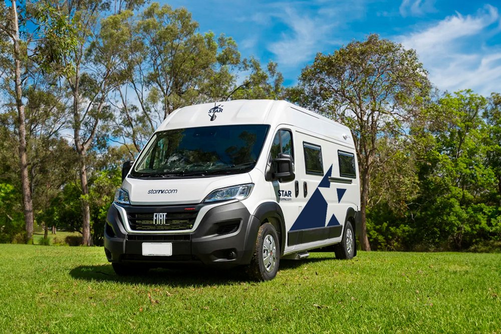 A Star RV campervan parked in the Australian bush, ready for a road trip