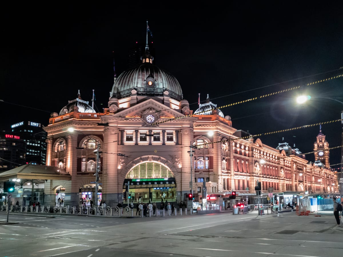 Flinders Street Station illuminated at night, Melbourne